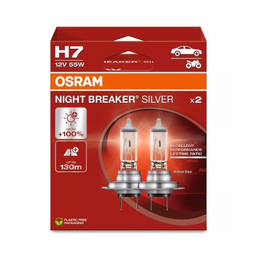 Set 2 becuri auto cu halogen Osram H7 Night Breaker Silver +100%,55W, 12V