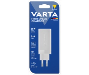 Incarcator Retea Varta GaN, 65W, 3.25A, 1 x USB-A - 2 x USB-C, Alb