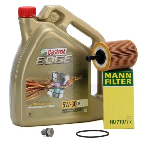 Set Ulei Motor Castrol Edge LL 5W-30 5L + Filtru Ulei Mann Filter HU719/7X + Buson Golire Baie Ulei Oe Audi A4 B7 2002-2009 N90813202