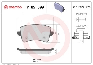 Set Plăcuțe Frână Spate Brembo P 85 099 pentru Audi A4 B8 (2007–2015), A5 8T3 (2007–2017), Q5 8R (2008–2017) – Cu Accesorii, Sistem Lucas