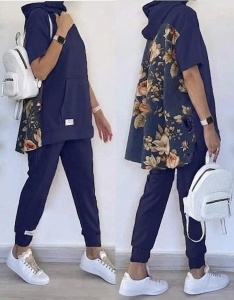 SET DE DAMĂ THEODORA CU MÂNECĂ SCURTĂ ÎN CULOARE ALBASTRU ÎNCHIS