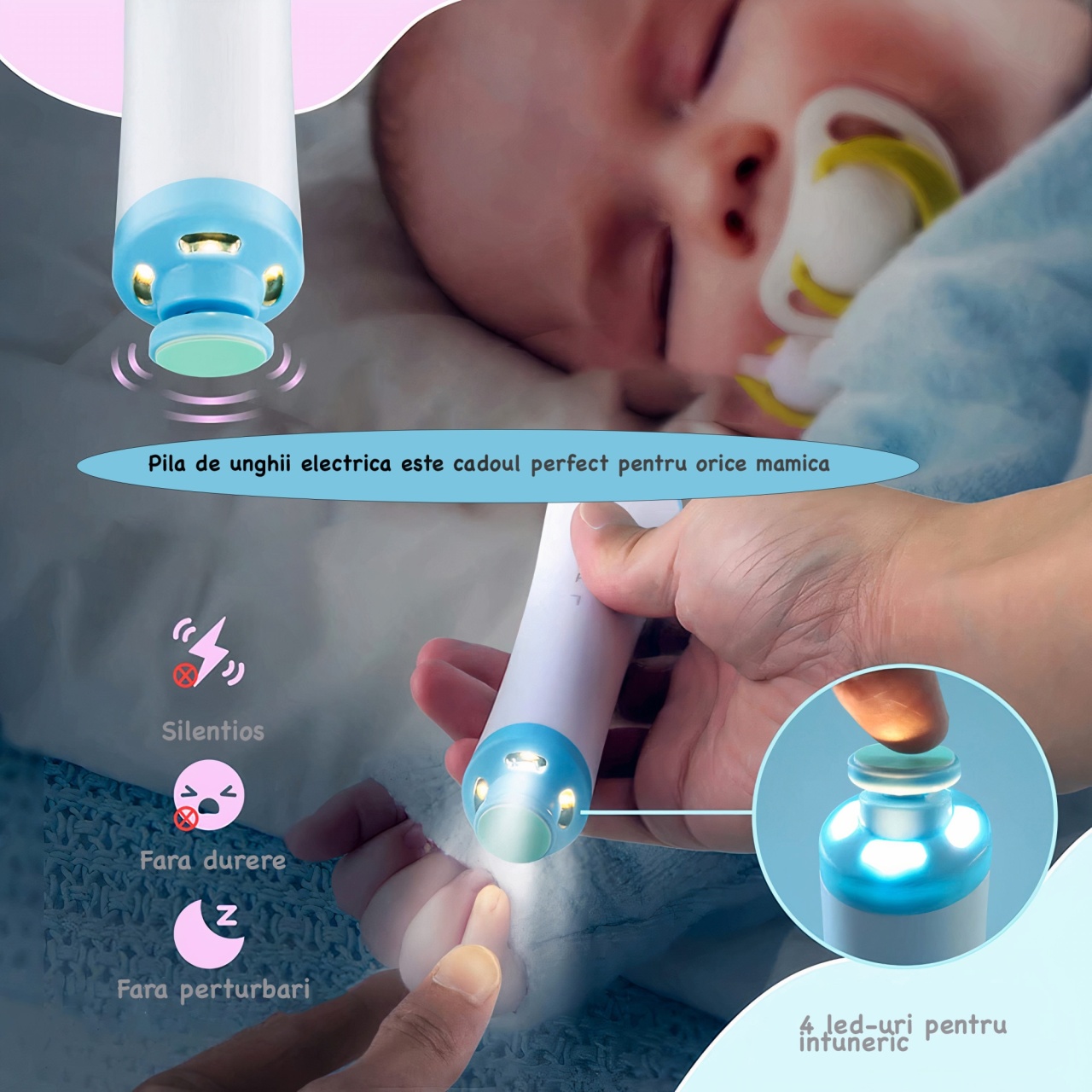 Pila Electrica Unghii Bebelusi, 3 Capete pentru Bebelusi, 2 Seturi de  Rezerva, 5 Capete pentru Adulti, Unghiera Inclusa, Lumina LED, Viteza 6000  rpm