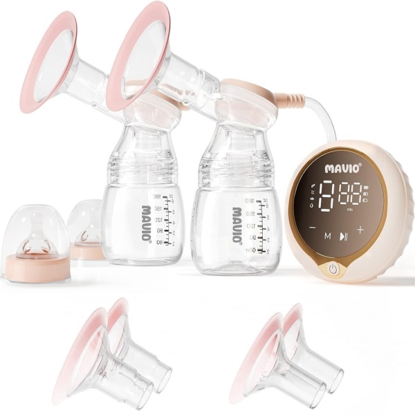Resigilat - Pompa de San Dubla Mavio® cu 2 Biberoane de 180ml, 4 Moduri, 9 Trepte de Intensitate, Functie Masaj, Ecran Touch, Materiale Sigure
