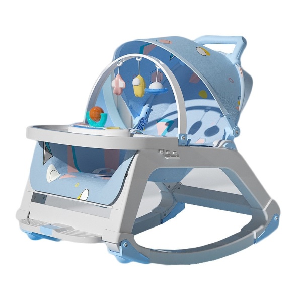 Balansoar Multifunctional 4 in 1, Ergonomic, Spatar Reglabil in Trei Trepte, Jucarii Detasabile, Centura de Siguranta, Masuta Retractabila, Husa Detasabila si Lavabila, Greutate Suportata 25 kg, Albastru