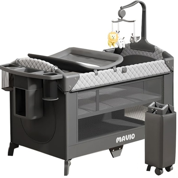 Patut Bebelusi Mavio®, Model NovaLux, Pliabil, 2 Etaje, Masa Infasat, Carusel Jucarii, Fermoar Laterial, Geanta, Greutate Maxima 15 kg, Saltea Inclusa