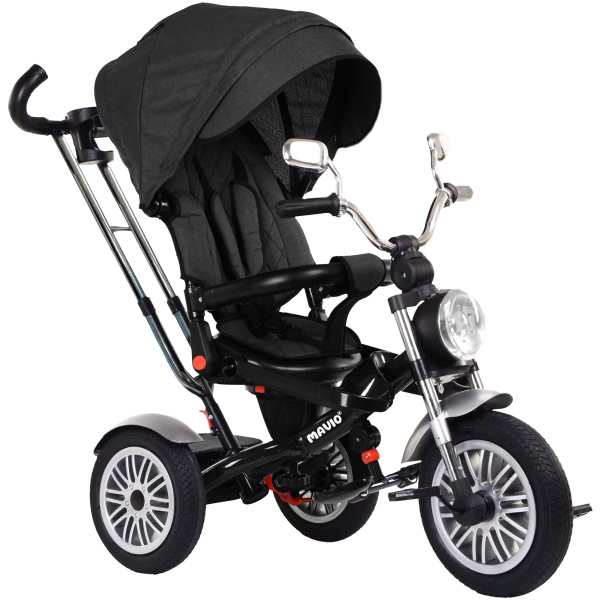 Tricicleta pentru Copii Mavio®, Pozitie de Somn, Centura de Siguranta, Far cu Lumina, Oglinzi, Cauciucuri Spuma EVA, Greutate Maxima Admisa 25kg, Negru