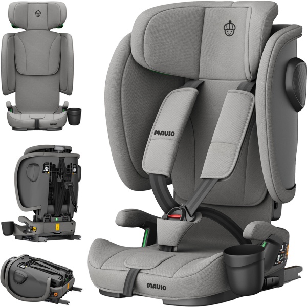 Scaun Auto Bebelusi Mavio®, Model Foldy, Unghi Reglabil, ISOFIX, Copii intre 18 luni - 12 ani, Pliabil, Spatar Rabatabil, Omologat i-Size R129, Protectie Impact Lateral, Centura de Siguranta 5 Puncte, Tetiera Reglabila, Husa Detasabila, Gri