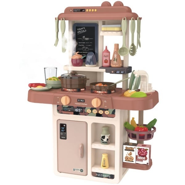 Bucatarie multifunctionala completa pentru copii, chiuveta cu circuit de apa, frigider, aragaz, tablita pentru notite, fructe, legume, multiple accesorii, 42 de piese in total, rosie