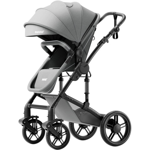 Carucior 2 in 1 pentru Bebelusi Mavio® Explorer, Landou Reversibil, Roti Cauciuc cu Suspensie, Greutate Maxima 25 kg, Tip Troller, Centura, 0 - 36 luni, Gri