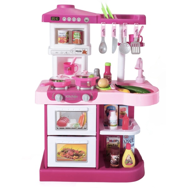 Bucatarie Multifunctionala Completa pentru Copii, Interactiva, 53 de Piese, cu Lumini si Sunete Realiste, Chiuveta cu Circuit de Apa, Cuptor, Plita, Simulare Gatit, 74 cm Inaltime, Culoare Roz