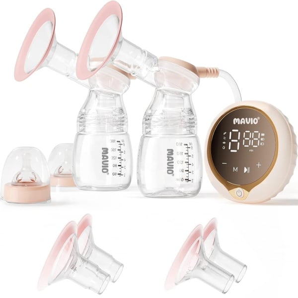 Pompa de San Dubla Mavio® cu 2 Biberoane de 180ml, 4 Moduri, 9 Trepte de Intensitate, Functie Masaj, Ecran Touch, Materiale Sigure