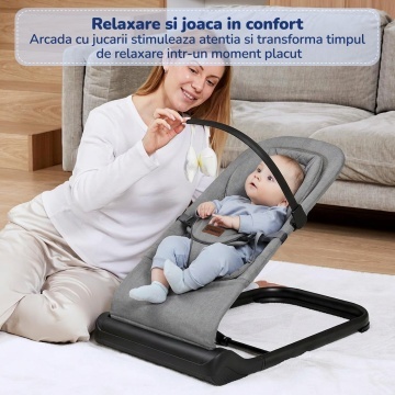 Balansoar Bebelusi Mavio®, 0-6 Luni, Greutate Maxima 9 kg, Reglare Inaltime pe 3 Niveluri, Cadru Rezistent din Fier si Aluminiu, Sezut Confortabil, Design Ergonomic, Stabil si Usor de Transportat, Gri - Img 6