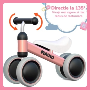 Bicicleta de Echilibru Mavio®, Pentru Copii 12-24 Luni, Greutate Maxima 15 kg, Cadru din Otel Carbon, Roti EVA + PP, Sa Confortabila, Ghidon Stabil, Design Usor si Compact, Ajuta la Dezvoltarea Echilibrului si Coordonarii, Culoare Roz - Img 4