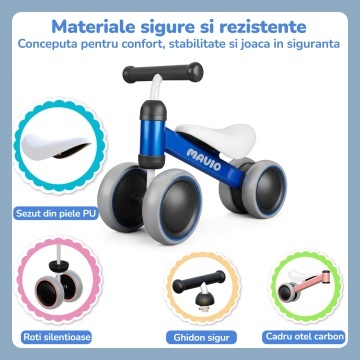 Bicicleta de Echilibru Mavio®, Pentru Copii 12-24 Luni, Greutate Maxima 15 kg, Cadru din Otel Carbon, Roti EVA + PP, Sa Confortabila, Ghidon Stabil, Design Usor si Compact, Ajuta la Dezvoltarea Echilibrului si Coordonarii, Culoare Albastru - Img 2