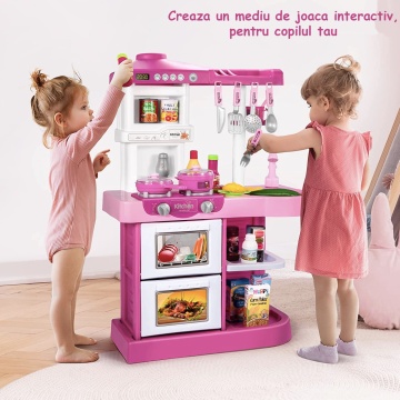Bucatarie Multifunctionala Completa pentru Copii, Interactiva, 53 de Piese, cu Lumini si Sunete Realiste, Chiuveta cu Circuit de Apa, Cuptor, Plita, Simulare Gatit, 74 cm Inaltime, Culoare Roz - Img 5