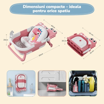 Cadita Pliabila pentru Bebelusi Mavio®, Model Little Dino, 0 - 36 Luni, 32 Litri, 63 cm, Perna de Baie Hipoalergenica, Termometru Incorporat, Suport Cap de Dus, Dop Scurgere, Picioare Antiderapante, Gaura Agatare, Roz - Img 5