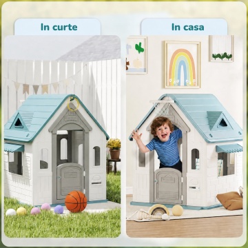 Casuta de Joaca pentru Copii Mavio®, Joaca 3 in 1 in Gradina, Baschet, Aruncarea Inelelor, Joc de Rol, Usa, Ferestre, Cadru Rezistent, Margini Fine, Interior si Exterior, Varsta Recomandata 2 ani+, Alb/Turcoaz - Img 7