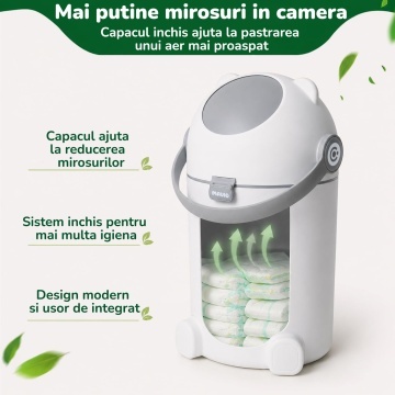 Cos pentru Scutece Mavio®, Capacitate 12 Litri, Inchidere Ermetica, Compatibil cu Saci Obisnuiti, Reduce Mirosurile Neplacute, Utilizare Rapida cu o Mana, Material PP + ABS Rezistent, Usor de Curatat, Design Compact, Pentru Camera Bebelusului, Alb/Gri - Img 3