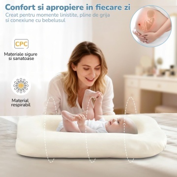 Cosulet Bebelus pentru Dormit Mavio®, Baby Lounger, Pentru Bebelusi 0-12 Luni, Material 100% Bumbac, Design Ergonomic, Spatiu Confortabil pentru Odihna si Relaxare, Usor de Folosit Acasa sau in Calatorii, Alb - Img 5