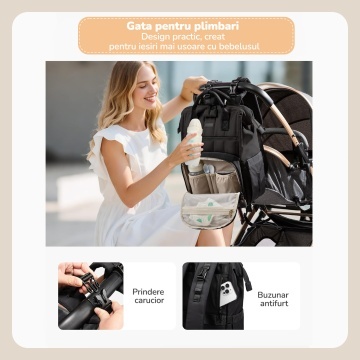 Geanta pentru Bebelusi Mavio®, 31 L, 17 Buzunare, Rucsac cu Buzunare Termoizolante, Buzunar Impermeabil, Buzunar Servetele Umede, Prindere Carucior, Buzunar Antifurt, Salteluta de Schimb, Negru - Img 4