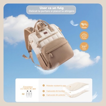 Geanta pentru Bebelusi Mavio®, 31 L, 17 Buzunare, Rucsac cu Buzunare Termoizolante, Buzunar Impermeabil, Buzunar Servetele Umede, Prindere Carucior, Buzunar Antifurt, Salteluta de Schimb, Bej - Img 2