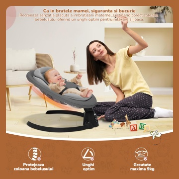 Leagan Electric Mavio®, Balansoar Bebelusi 0-9 luni, Copertina Detasabila, Plasa Tantari, Bara Jucarii, Functie Temporizator, 5 Trepte, Telecomanda, Bluetooth, Centura de Siguranta, Control Tactil, 10 Melodii, Greutate Suportata 9 kg, Negru - Img 6