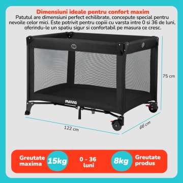 Patut Bebelusi Mavio®, Model Nova, Pliabil pentru Copii 0-36 luni, Portabil, 122x66 cm, Greutate Maxima 15 kg, Plasa Elastica, Geanta Transport Calatorie, Roti cu Sistem Blocare, Saltea Inclusa 120x60 cm - Img 2