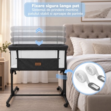 Patut Co-Sleeper Bebelusi Mavio®, 0-6 Luni, Greutate Maxima 9 kg, Reglare pe 5 Niveluri de Inaltime, Utilizare Bedside Sleeper, Husa Detasabila si Lavabila, Saltea 80 x 46 cm - Img 6