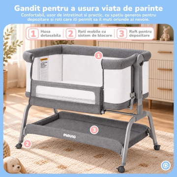 Patut Co-Sleeper Mavio®, pentru Bebelusi 0-6 Luni, Greutate Maxima 15 kg, 6 Trepte de Reglare a Inaltimii 43-57 cm, Laterale din Plasa 360°, Cadru Rezistent din Fier, Material din Tesatura de In, Gri - Img 4