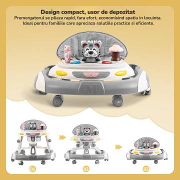 Premergator Copii 2 in 1 Mavio®, Model EasyRide, Rotobil pentru Bebelusi, Mod Antemergator, Varsta Recomandata 6-36 Luni, Maner, Pliabil, Inaltime Ajustabila, Jucarii Interactive, Anti Cadere, Roti 360 Grade, Masuta Mancare Bebe, Tavita cu Sunete, Gri - Img 2