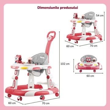 Premergator Copii 2 in 1 Mavio®, Model EasyRide, Rotobil pentru Bebelusi, Mod Antemergator, Varsta Recomandata 6-36 Luni, Maner, Pliabil, Inaltime Ajustabila, Jucarii Interactive, Anti Cadere, Roti 360 Grade, Masuta Mancare Bebe, Tavita cu Sunete, Roz - Img 8