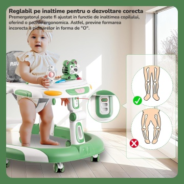Premergator Copii 2 in 1 Mavio®, Model EasyRide, Rotobil pentru Bebelusi, Mod Antemergator, Varsta Recomandata 6-36 Luni, Maner, Pliabil, Inaltime Ajustabila, Jucarii Interactive, Anti Cadere, Roti 360 Grade, Masuta Mancare Bebe, Tavita cu Sunete, Verde - Img 3