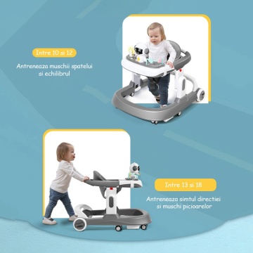Premergator Reglabil pentru Bebelusi cu Varsta intre 6-18 Luni, Pliabil cu 3 Jucarii, Material Respirabil, Gri - Img 2