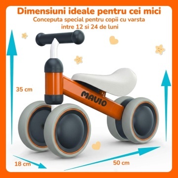 Resigilat - Bicicleta de Echilibru Mavio®, Pentru Copii 12-24 Luni, Greutate Maxima 15 kg, Cadru din Otel Carbon, Roti EVA + PP, Sa Confortabila, Ghidon Stabil, Design Usor si Compact, Ajuta la Dezvoltarea Echilibrului si Coordonarii, Culoare Portocaliu - Img 6