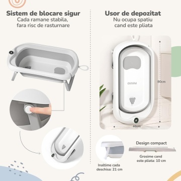 Resigilat - Cadita Pliabila pentru Bebelusi Mavio®, Model BabySpa, Reductor Ergonomic, Termometru Digital Incorporat, 0–36 Luni, 40L Capacitate, 83 cm, Dop Scurgere, Suport Dus, Picioare Antiderapante, Design Compact, Gri - Img 3