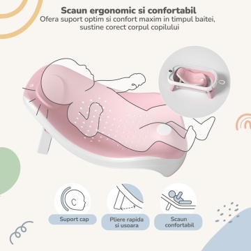 Resigilat - Cadita Pliabila pentru Bebelusi Mavio®, Model BabySpa, Reductor Ergonomic, Termometru Digital Incorporat, 0–36 Luni, 40L Capacitate, 83 cm, Dop Scurgere, Suport Dus, Picioare Antiderapante, Design Compact, Roz - Img 5