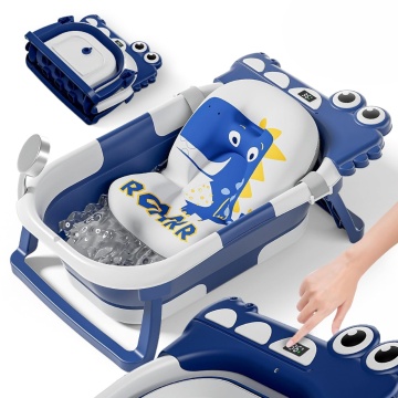 Resigilat - Cadita Pliabila pentru Bebelusi Mavio®, Model Little Dino, 0 - 36 Luni, 32 Litri, 63 cm, Perna de Baie Hipoalergenica, Termometru Incorporat, Suport Cap de Dus, Dop Scurgere, Picioare Antiderapante, Gaura Agatare, Albastru