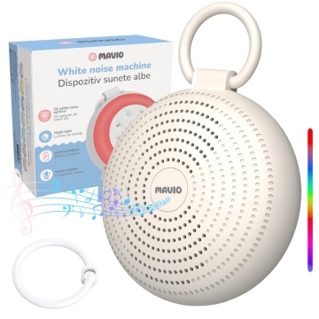 Resigilat - Dispozitiv Sunete Albe Portabil Mavio® pentru Bebelusi si Adulti, 24 Sunete Relaxante, 2 Functii Inregistrare, Bluetooth, 7 Culori Ambientale, Baterie Reincarcabila 2000 mAh, Difuzor 3W, Temporizator 30/60/90 min, Lumina de Noapte, Alb