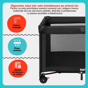 Resigilat - Patut Bebelusi Mavio®, Model Nova, Pliabil pentru Copii 0-36 luni, Portabil, 122x66 cm, Greutate Maxima 15 kg, Plasa Elastica, Geanta Transport Calatorie, Roti cu Sistem Blocare, Saltea Inclusa 120x60 cm - Img 3