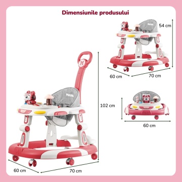 Resigilat - Premergator Copii 2 in 1 Mavio®, Model EasyRide, Rotobil pentru Bebelusi, Mod Antemergator, Varsta Recomandata 6-36 Luni, Maner, Pliabil, Inaltime Ajustabila, Jucarii Interactive, Anti Cadere, Roti 360 Grade, Masuta Mancare Bebe, Roz - Img 8