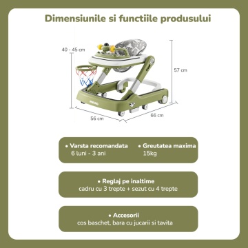 Resigilat - Premergator Copii 2 in 1 Mavio®, Model MyRide, Rotobil, Mod Antemergator, Varsta 3-36 Luni, Pliabil, Inaltime Ajustabila, Cos Baschet, Verde - Img 2