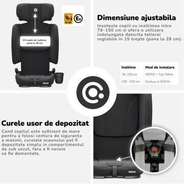 Resigilat - Scaun Auto Bebelusi Mavio®, Model Foldy, 76-150 cm, Unghi Reglabil, ISOFIX, Copii intre 18 luni - 12 ani, Pliabil, Omologat i-Size R129, Protectie Impact Lateral, Centura de Siguranta 5 Puncte, Tetiera Reglabila, Husa Detasabila, Negru - Img 7