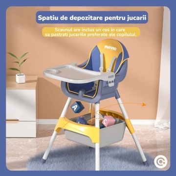 Resigilat - Scaun de Masa 3in1 pentru Bebelusi si Copii Mavio®, Model Petite, Varsta 6-36 luni, Inaltime Ajustabila, Centura de Siguranta in 5 Puncte, Tavita Reglabila si Detasabila, Loc pentru Depozitare, Albastru - Img 5