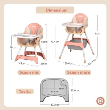 Resigilat - Scaun de Masa 3in1 pentru Bebelusi si Copii Mavio®, Model Petite, Varsta 6 - 36 luni, Inaltime Ajustabila, Centura de Siguranta in 5 Puncte, Tavita Reglabila si Detasabila, Loc pentru Depozitare, Roz - Img 7