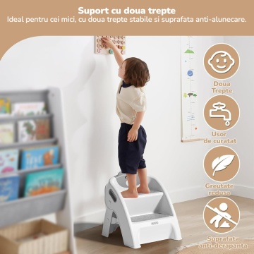 Resigilat - Scaunel Copii Mavio®, Model Little Bear, Scara cu Suprafata Antialunecare, Inaltator WC in Doua Trepte, Maner Transport, Taburet Pliabil pentru Baie, Toaleta, Chiuveta, Bucatarie, Greutate Suportata 68kg, Gri - Img 7