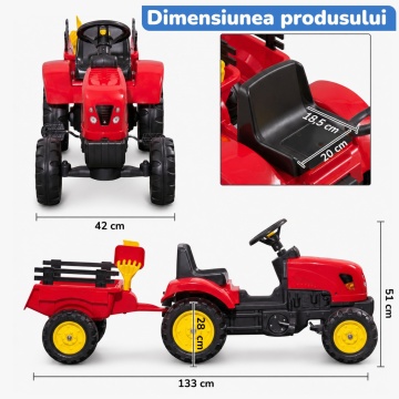 Resigilat - Tractor cu Pedale Copii Mavio®, cu Remorca Detasabila, Lopatica si Grebla Incluse, Volan, Roti Antiderapante, Cadru Stabil, Suporta pana la 35 kg, Varsta Recomandata 3 ani+, Rosu - Img 3