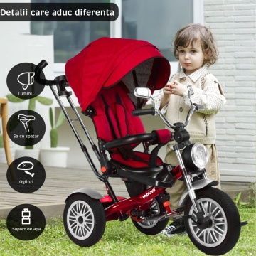 Resigilat - Tricicleta pentru Copii Mavio®, Pozitie de Somn, Centura de Siguranta, Far cu Lumina, Oglinzi, Cauciucuri Spuma EVA, Greutate Maxima Admisa 25kg, Rosu - Img 3