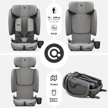Scaun Auto Bebelusi Mavio®, Model Foldy, 76-150 cm, Unghi Reglabil, ISOFIX, Copii intre 18 luni - 12 ani, Pliabil, Spatar Rabatabil, Omologat i-Size R129, Protectie Impact Lateral, Centura de Siguranta 5 Puncte, Tetiera Reglabila, Husa Detasabila, Gri - Img 2