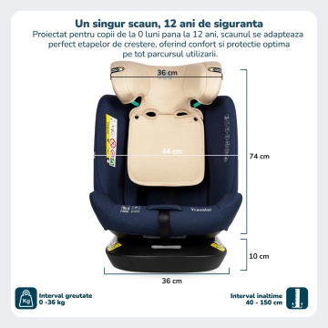 Scaun Auto Bebelusi Mavio®, Model Traveler, 40-150 cm, Rotatie 360 de grade, ISOFIX, Copii intre 0 - 12 ani, Omologat i-Size R129, Albastru/ Crem - Img 5