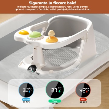 Scaun de Baie pentru Bebelusi Mavio®, Termometru Digital Integrat, Sistem Blocare, Varsta 6 luni+, Practic, Usor de Folosit, 4 Ventuze Fixare, Gauri Scurgere, Sezut si Spatar Confortabile, Materiale Sigure - Img 6